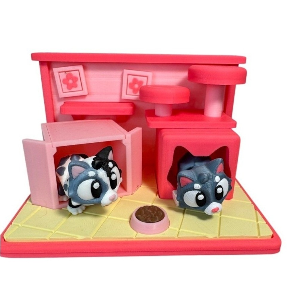 3D Printed‎ Miniature Cat Playroom Playset Pink Kitten Toy Room Decor